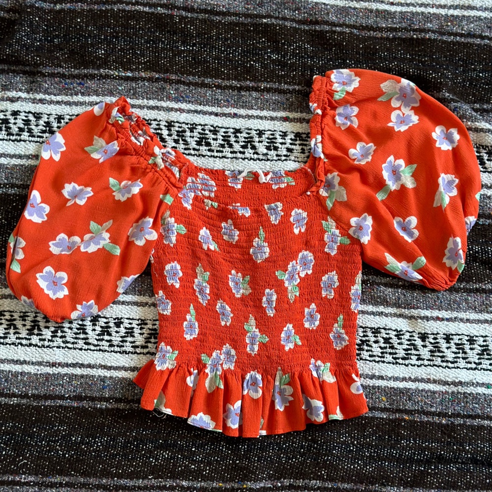 LUSH Smocked Crop Top with Puffed Sleeves